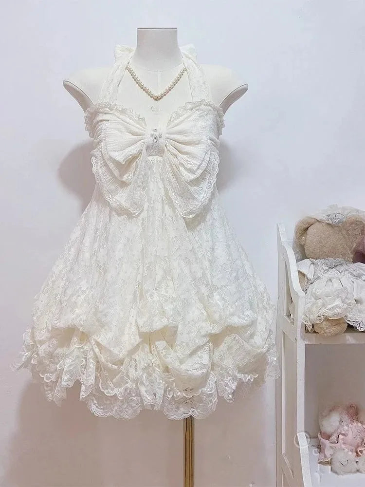 Abito stile francese dolce e carino con giunture a pois, fiocco in pizzo, abiti alla moda coreani, nuovo design, vita sottile, mini abito Y2k da donna