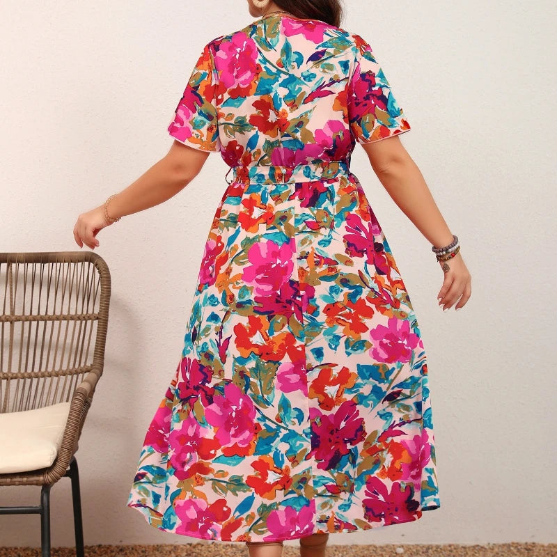 Abito Lungo Estivo Casual da Donna alla Moda, Elegante Vestito Maxi con Scollo a O, Stampa Floreale da Spiaggia, Manica Corta, Taglie Forti