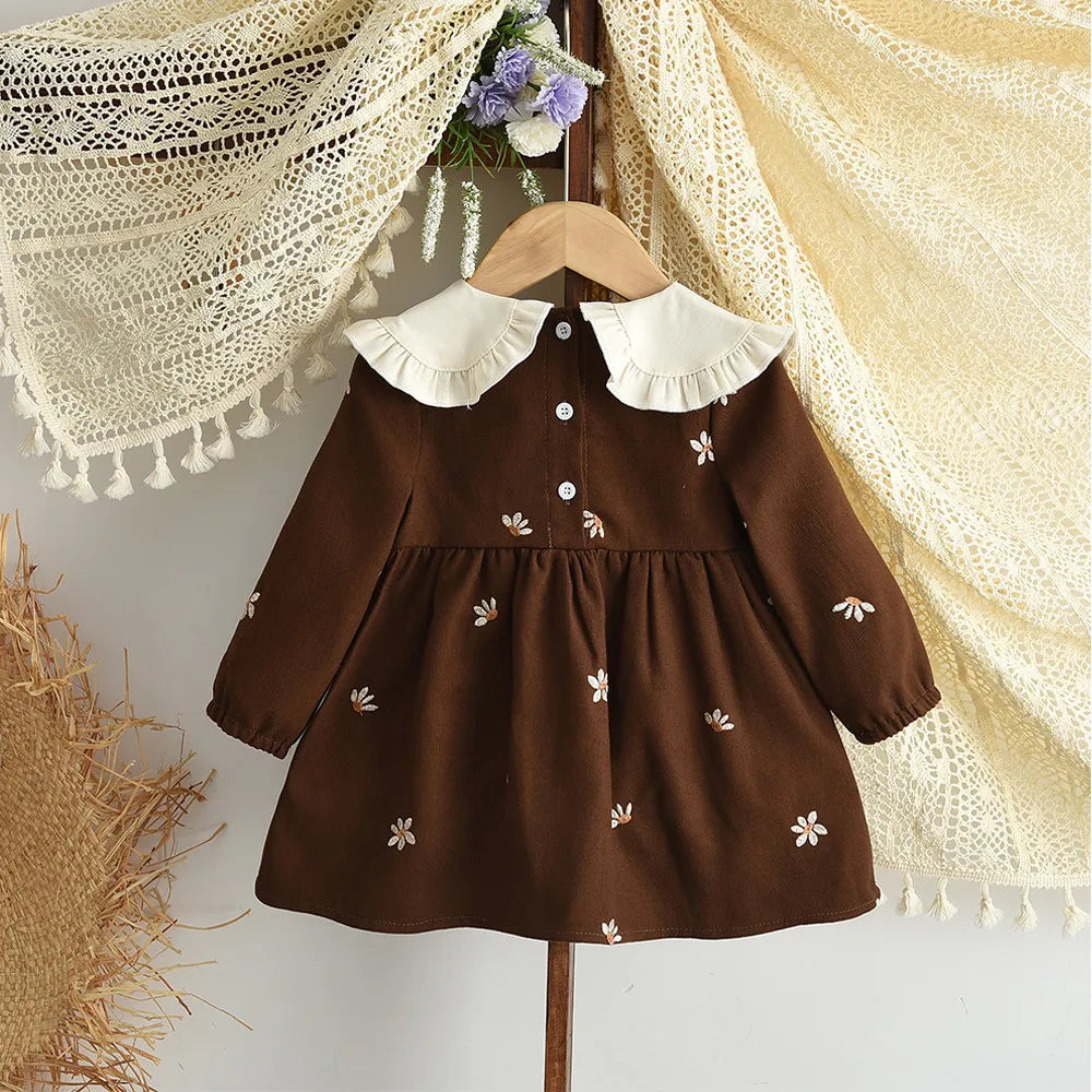 Bear Leader 2025 Nuovo simpatico abbigliamento per bambini 0-3 anni Abito per bambini Autunno Colletto a maniche lunghe Abiti per ragazze di fiori ricamati