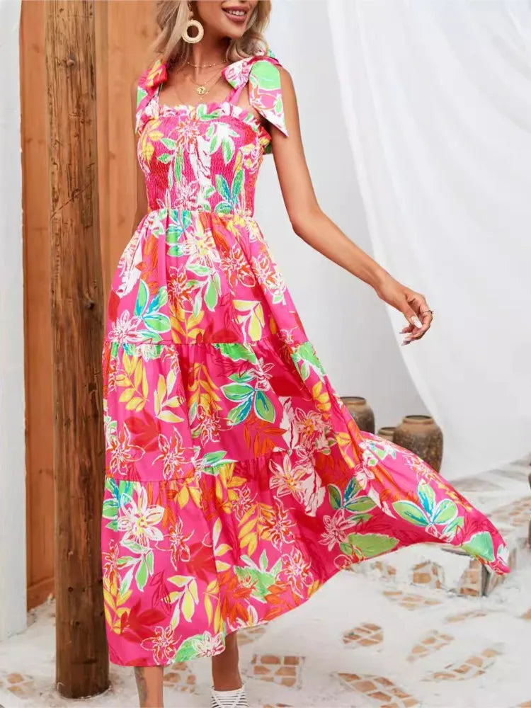 Abito da donna floreale con stampa estiva Abito lungo allentato casual elegante con cinturino per spaghetti per le donne Nuovo abito da festa per le vacanze