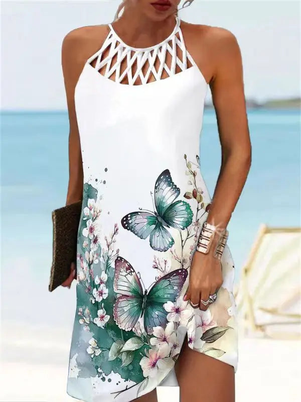 Abito Boho sexy per donna Mini abito da spiaggia Abito alla moda Donna Estate senza maniche Hollow Elegante abito da festa Stampa Vestido 2023