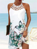 Abito Boho sexy per donna Mini abito da spiaggia Abito alla moda Donna Estate senza maniche Hollow Elegante abito da festa Stampa Vestido 2023