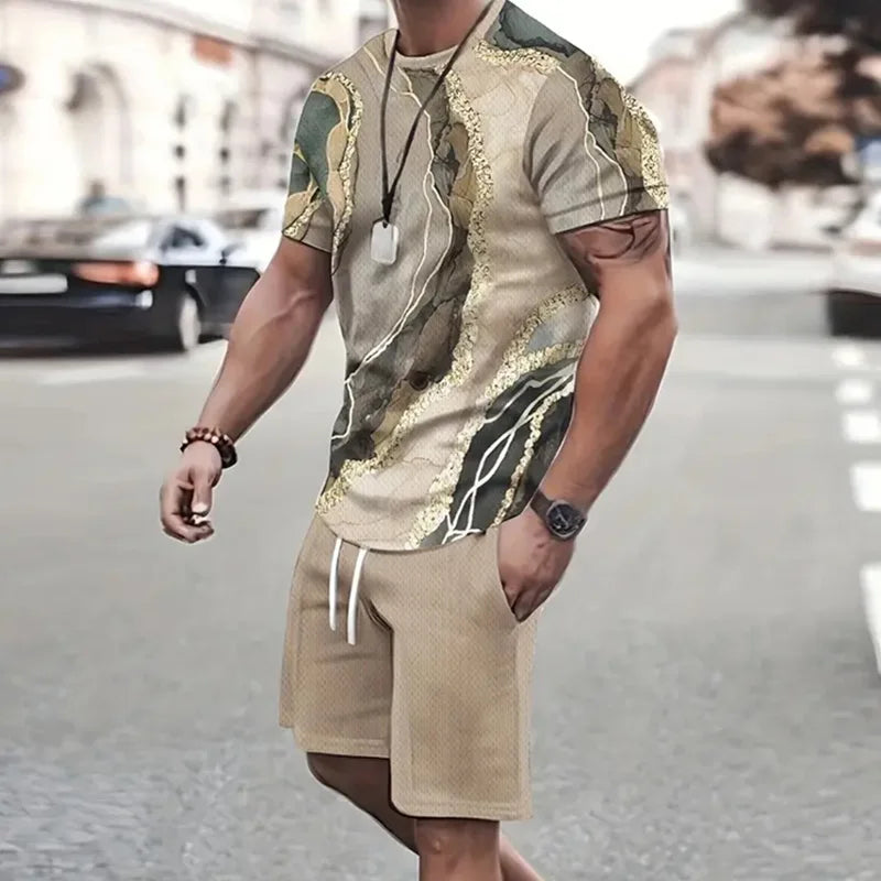 2025 Moda Uomo Abbigliamento sportivo Manica corta Set T-shirt e pantaloncini sportivi Estate Casual Vintage Patchwork Abito da uomo in 2 pezzi