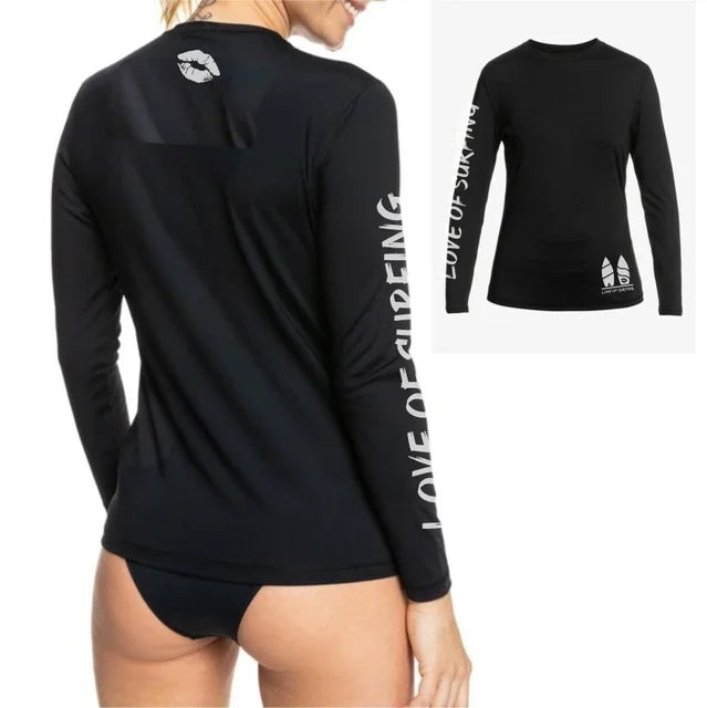Camicia da surf da donna nuova T-shirt da surf da donna Love Protezione solare da spiaggia Rashguard Protezione UV Costumi da bagno UPF Diving Sportsuit