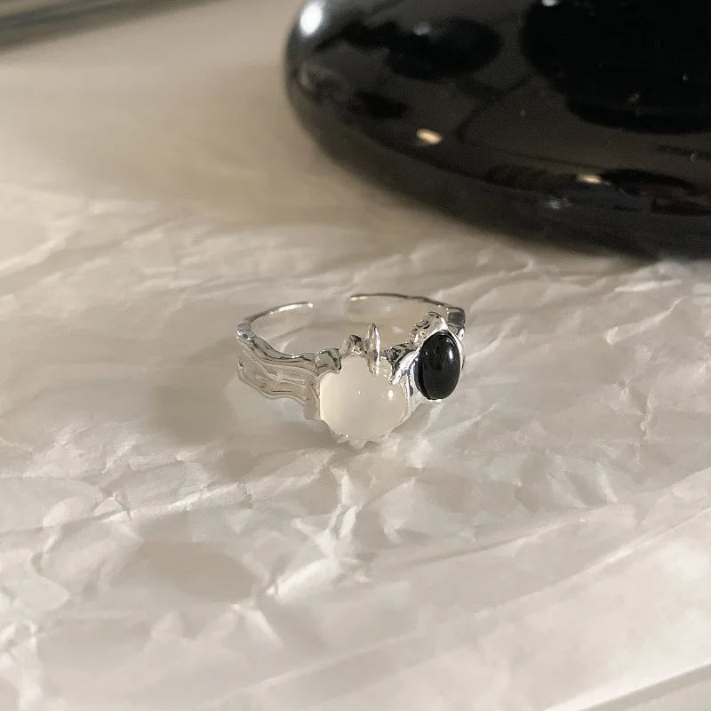 PANJBJ 925 anelli in pietra nera geometrica in argento sterling per le donne ragazza coreana semplice regolabile coppia gioielli Dropshipping