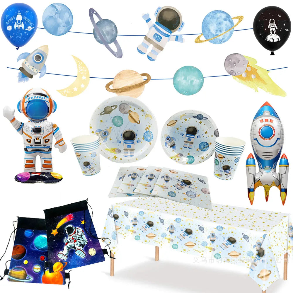 Blue Planet Astronaut Spazio Stoviglie usa e getta Decorazioni per la tavola di compleanno per bambini Piatto di carta Tazza Tovagliolo Astronauta Razzo Palloncino