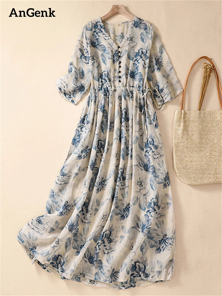 Abiti Lunghi Vintage a Maniche Corte con Stampa per Donna, Nuova Moda Estiva 2026, Vestito Casual Ampio, Abito Elegante Femminile