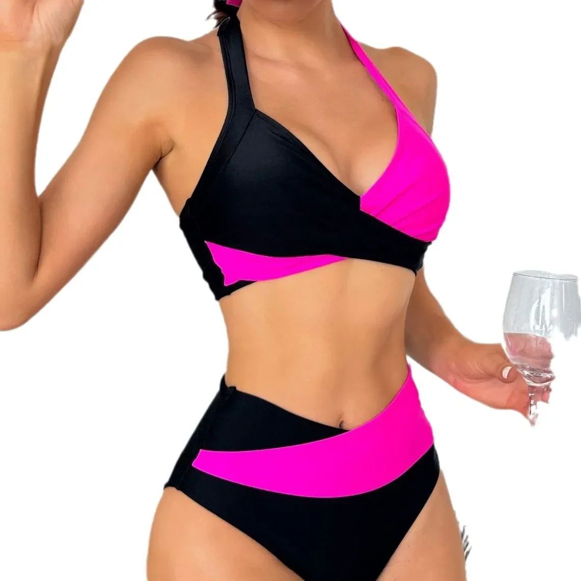 Nuovo Costume da Bagno Bikini Donna 2025 a Vita Alta con Blocchi di Colore e Design Halter - Abbigliamento Mare Diviso alla Moda per l'Export