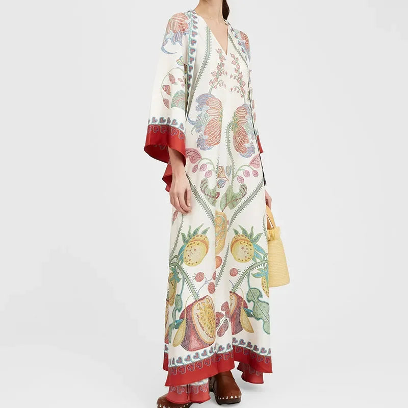 Elegante Abito Lungo a Maniche Lunghe per Feste, Vestito Vintage con Stampa Floreale, Abito Bohémien da Donna con Collo Alto e Vita Alta
