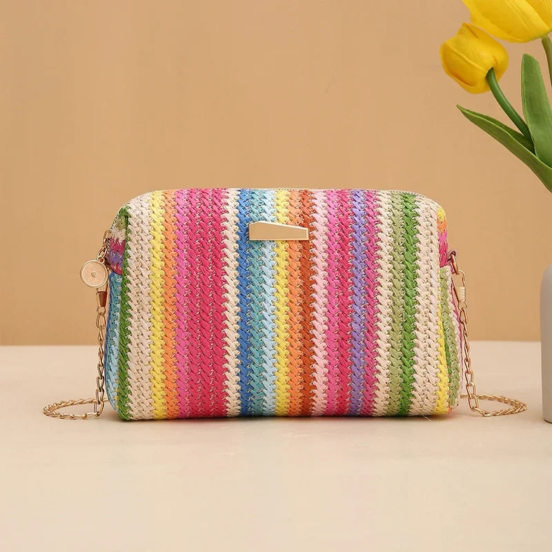 Borsa di paglia da donna in maglia di Rattan borsa da spiaggia con catena estiva piccola borsa e borsa a tracolla da donna borsa a tracolla con Design da viaggio