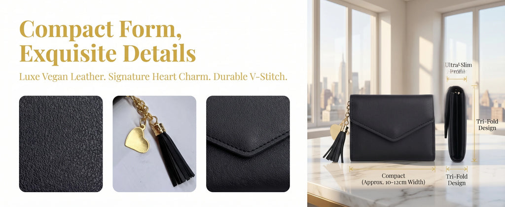Portafoglio Corto da Donna a Tre Ante con Ciondolo a Nappa in Pelle PU, Porta Monete e Scomparti Multipli per Carte, Mini Pochette Sottile Femminile Porta Carte