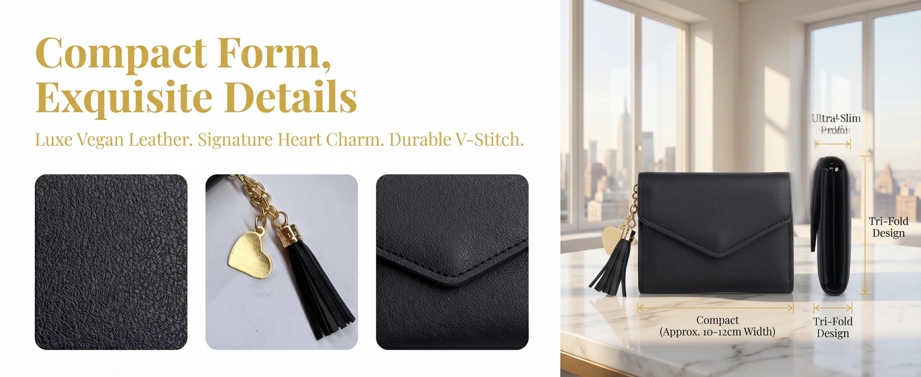 Portafoglio Corto da Donna a Tre Ante con Ciondolo a Nappa in Pelle PU, Porta Monete e Scomparti Multipli per Carte, Mini Pochette Sottile Femminile Porta Carte