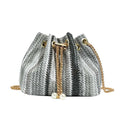 Borsa a tracolla grande in paglia intrecciata con strisce color arcobaleno, sacca a secchiello con coulisse e catena, borsa a tracolla da spiaggia