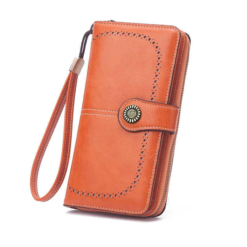 Borsa a mano in pelle cerata con blocco RFID, porta carte di credito multifunzionale a doppia piega, portafoglio da donna lungo retrò di grande capacità