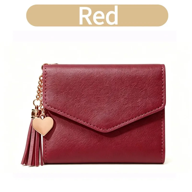 Portafoglio Corto da Donna a Tre Ante con Ciondolo a Nappa in Pelle PU, Porta Monete e Scomparti Multipli per Carte, Mini Pochette Sottile Femminile Porta Carte