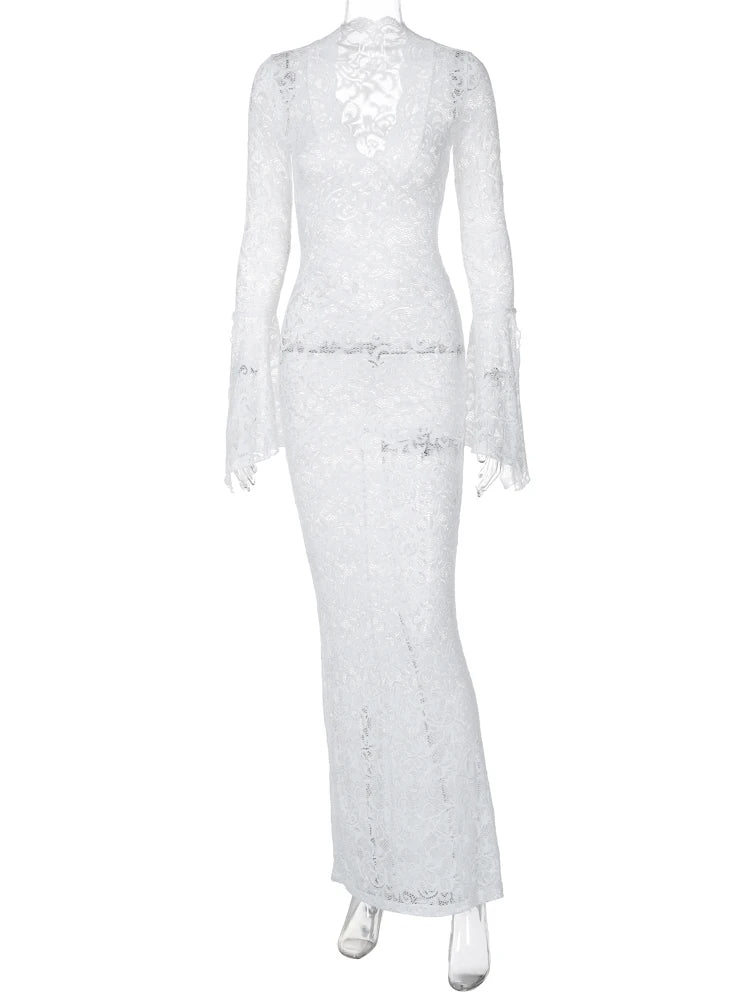 Hugcitar Maglia con stampa floreale Scollo a V Manica lunga svasata Abito lungo trasparente sexy Primavera Abiti moda donna Vacanza al mare Club