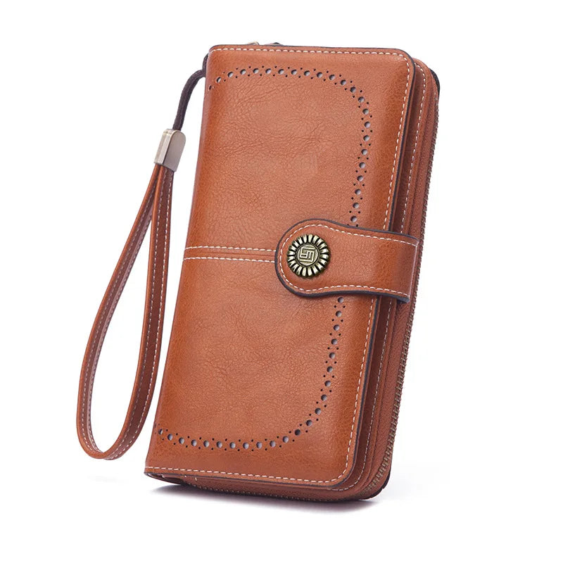 Borsa a mano in pelle cerata con blocco RFID, porta carte di credito multifunzionale a doppia piega, portafoglio da donna lungo retrò di grande capacità