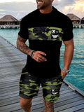 2026 Set da due pezzi casual da uomo di nuovo arrivo estivo 2026 Camicia a maniche corte con stampa a righe e pantaloncini sportivi Set da fitness da uomo