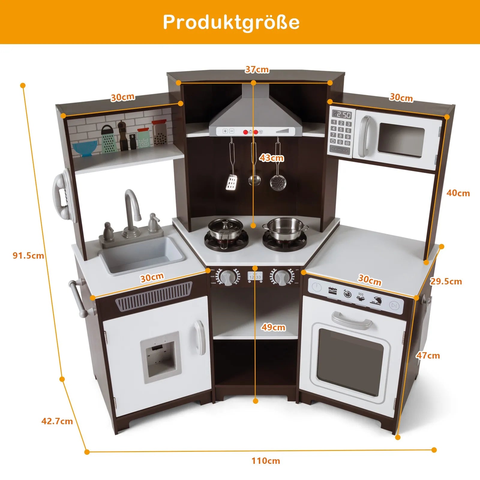 Cucina per bambini JOYLDIAS in legno, cucina giocattolo XXL ad angolo con suoni e luci, cucina giocattolo incl. accessori. Forno a microonde e forno per bambini