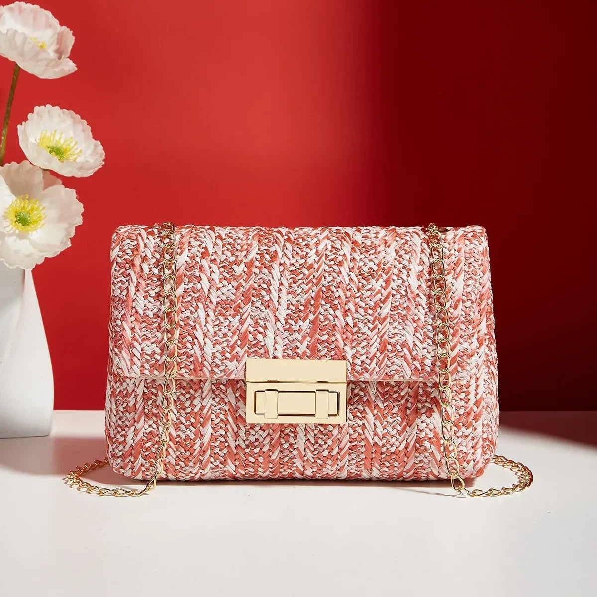 Borsa a mano con pochette in paglia a righe multicolori per donna Borsa a tracolla a tracolla con tracolla da spiaggia estiva in tessuto casual in pelle PU