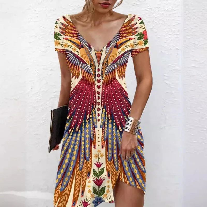 Abiti da donna 2026 estivi casual con stampa floreale e geometrica, vestito lungo a maniche corte, abbigliamento femminile, vestiti