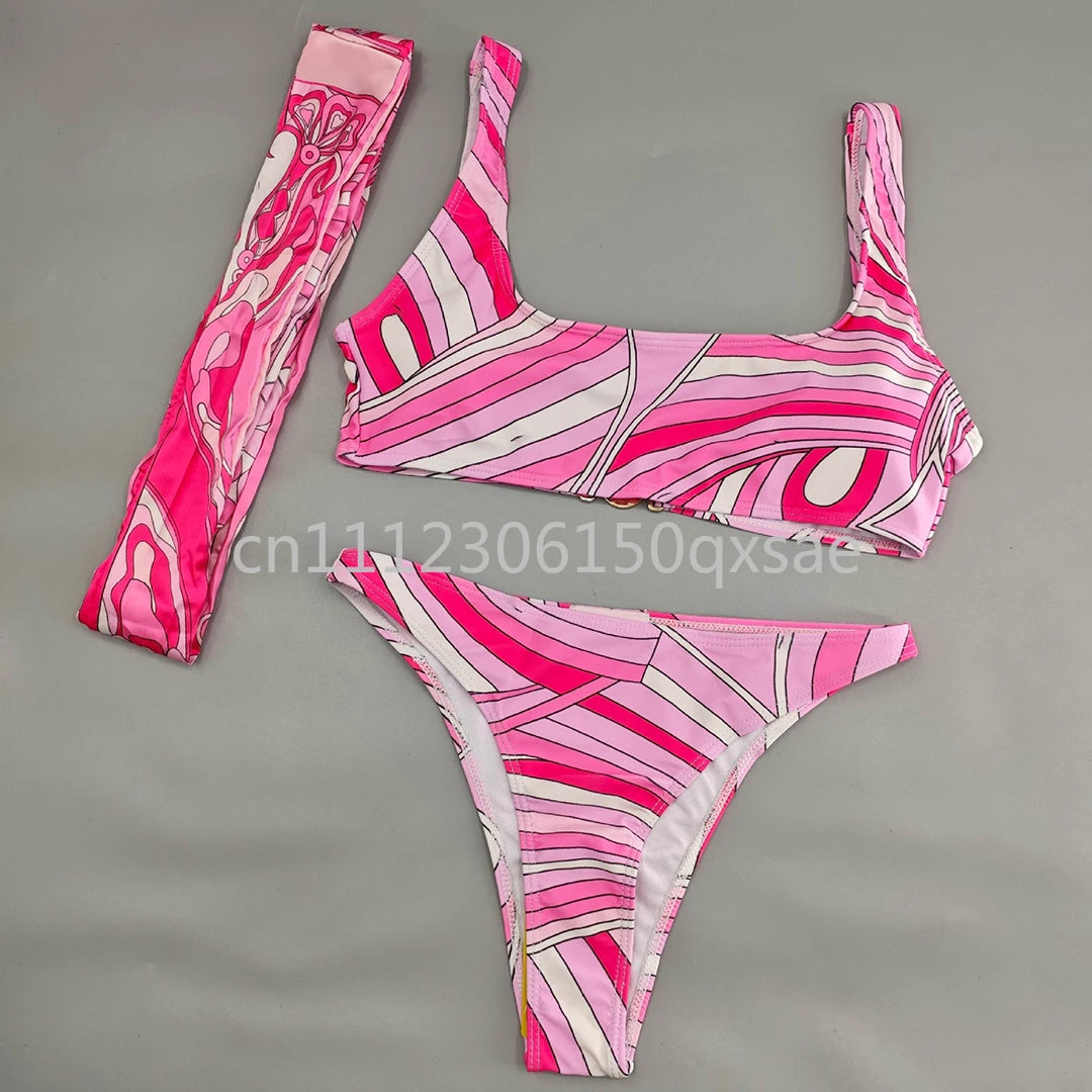 Costumi da bagno da donna rosa con foulard e logo a lettere, set bikini con foulard e fascia per capelli, abbigliamento da spiaggia