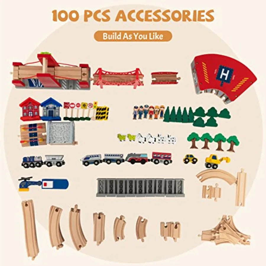 Tavolo ferroviario per la stanza dei giochi dei bambini, in legno con finitura naturale, dotato di piano ribaltabile, cassetto portaoggetti e tracciato ferroviario.