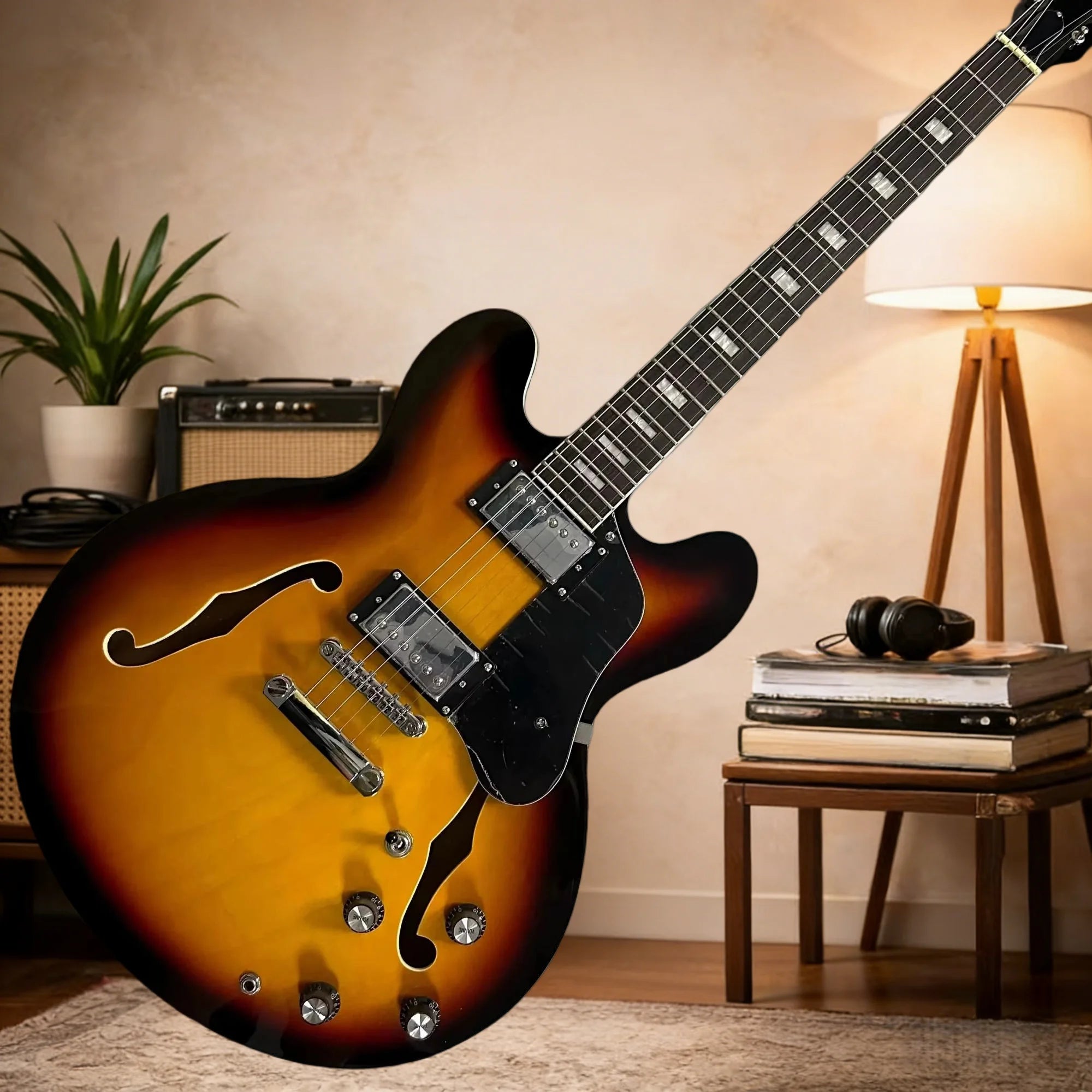 Chitarra Elettrica Sunset 335 con Manico in Palissandro e Corpo in Acero, Design Semi-Hollow per Canto e Accompagnamento Domestico, Spedizione Gratuita