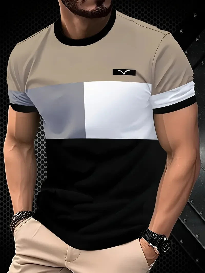 T-shirt classica estiva da uomo: top da esterno a maniche corte con scollo tondo e stampa a righe, maglietta da uomo da strada ampia con aggiunta