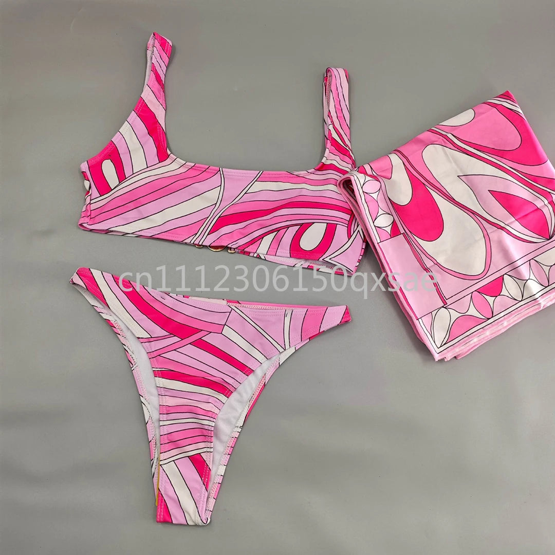 Costumi da bagno da donna rosa con foulard e logo a lettere, set bikini con foulard e fascia per capelli, abbigliamento da spiaggia