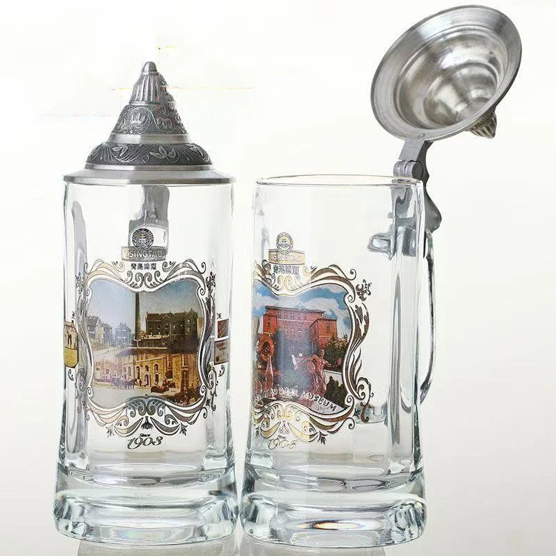 Boccale da birra in vetro Tazza da vino creativa Decorazioni per la casa Tazza da caffè in vetro con manico Stile tedesco di grande capacità con coperchio Tazza da acqua Regalo da uomo