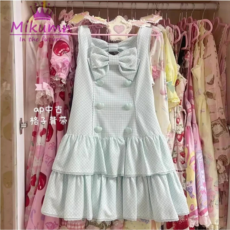 Mikumn giapponese Kawaii Lolita stile cinturino abito Harajuku dolce fiocco rosa stampa a pois mini abito donna ragazza Y2k mini abito da festa