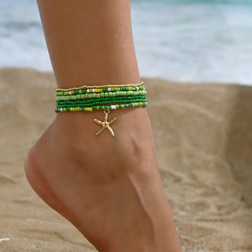 Set da 6 pezzi Cavigliera con stella marina in rilievo con sfera rotonda in acrilico da spiaggia estiva per donna Accessorio per le vacanze con gioielli multistrato di tendenza retrò