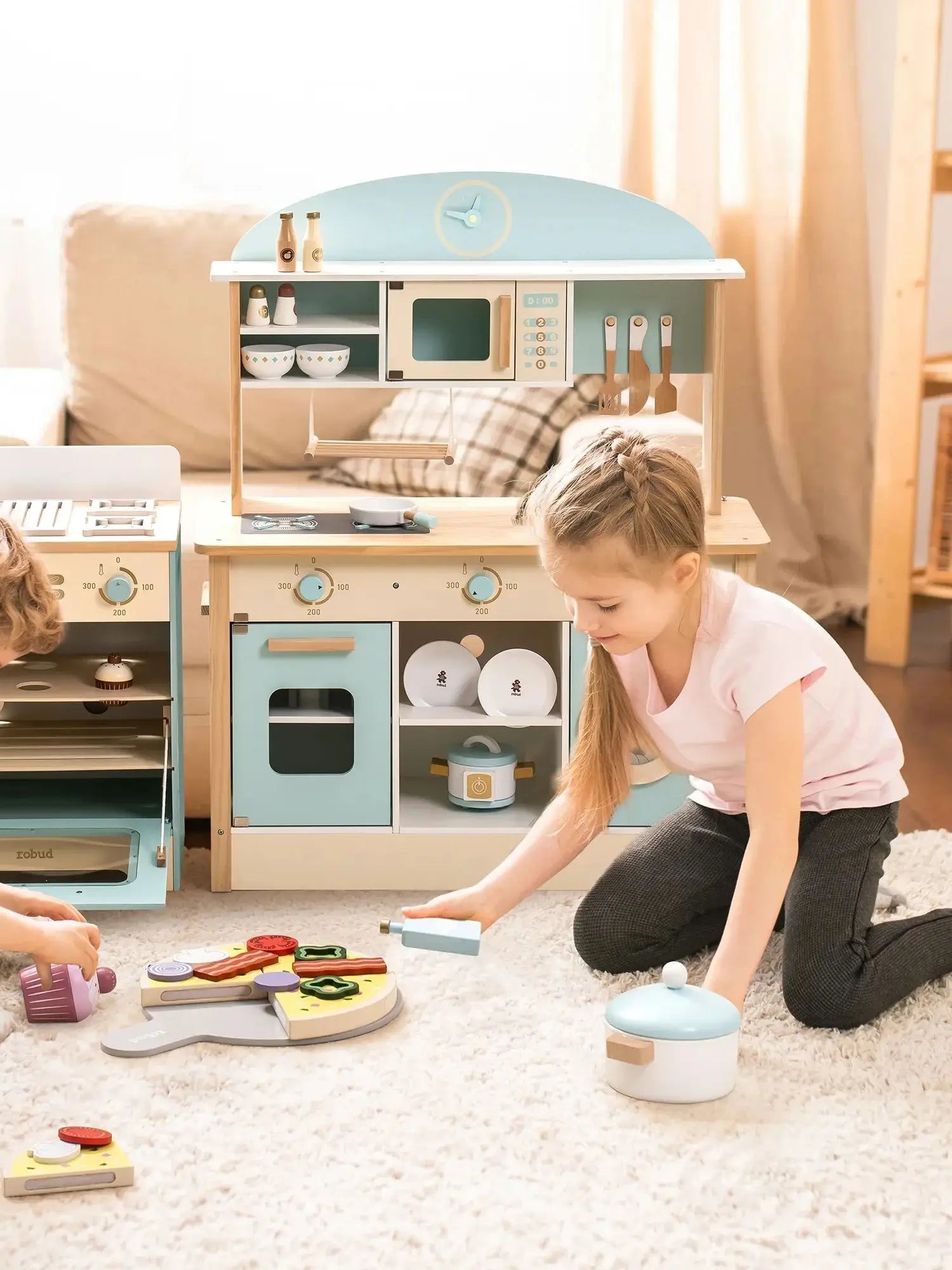 Cucina Giocattolo in Legno Robud per Bambini, Set Completo ad Angolo con Forno, Frigorifero e Lavatrice, Regalo di Compleanno Perfetto per Piccoli Chef