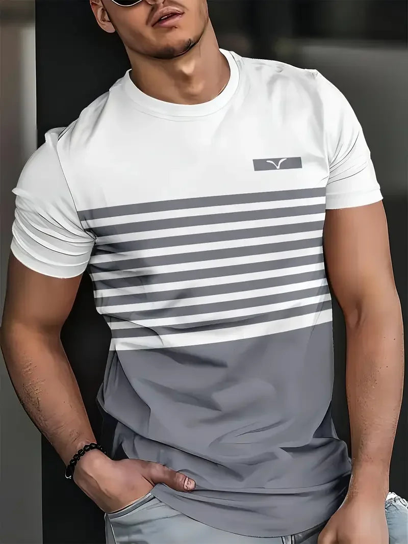 T-shirt classica estiva da uomo: top da esterno a maniche corte con scollo tondo e stampa a righe, maglietta da uomo da strada ampia con aggiunta
