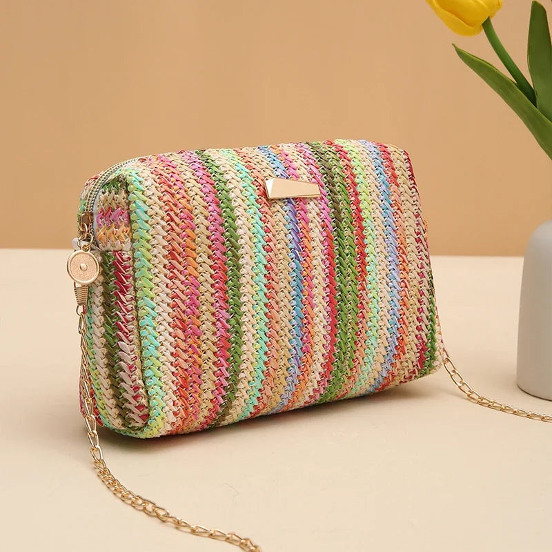 Borsa di paglia da donna in maglia di Rattan borsa da spiaggia con catena estiva piccola borsa e borsa a tracolla da donna borsa a tracolla con Design da viaggio