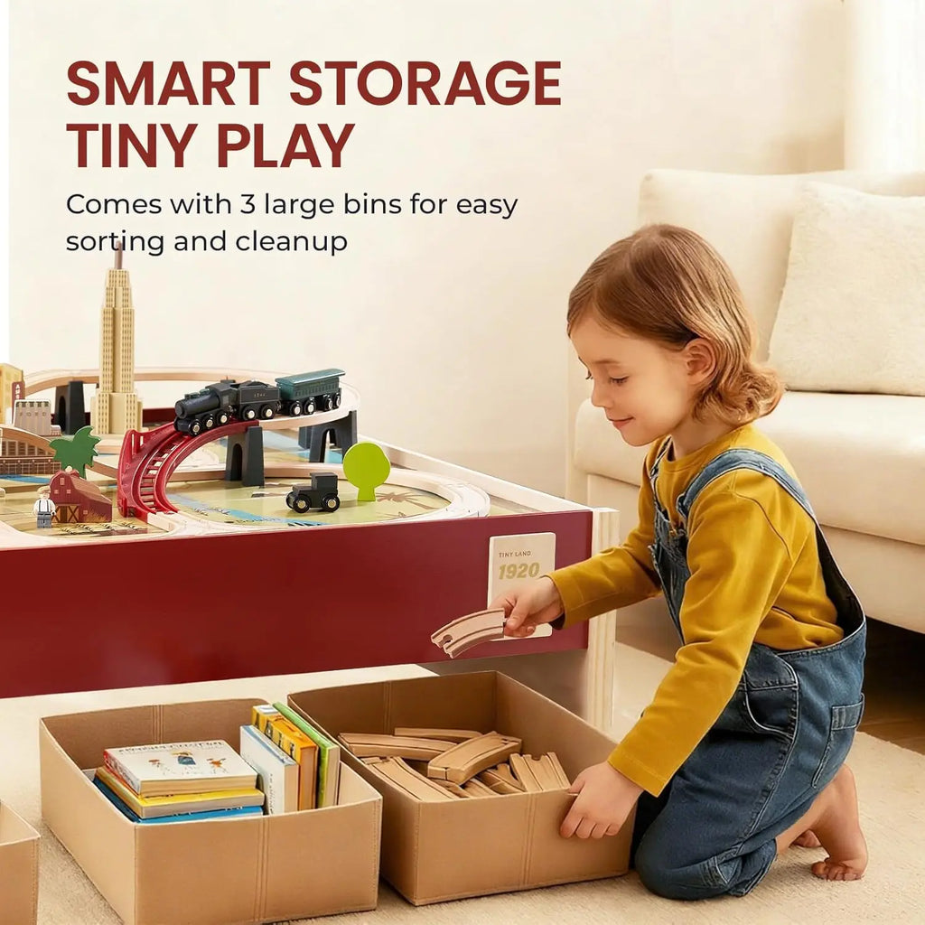 Grande tavolo da treno in legno (47,9"x35,2 Set di treni da 100 pezzi, 3 contenitori portaoggetti, set da gioco per bambini dai 3 anni in su