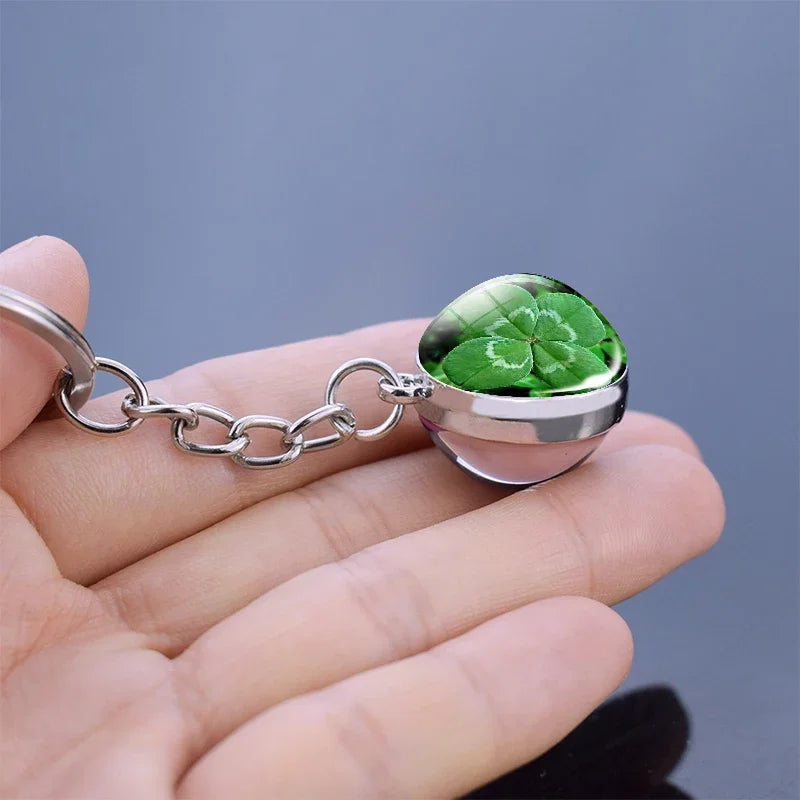 Portachiavi trifoglio Quadrifoglio Palla di vetro Ciondolo doppio lato Portachiavi in metallo Regalo gioielli fortunati per uomo Dropshipping
