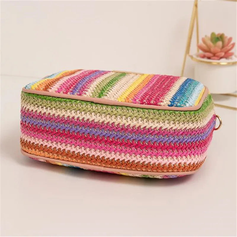 Borse da donna alla moda, tessitura alla moda e artistica, borse intrecciate in paglia multicolore, borse a tracolla in stile etnico, borse da donna