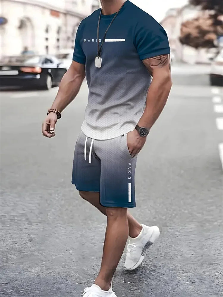 Boutique uomo estate Casual sport manica corta vestito semplice Splicing stampato girocollo T Shirt coulisse tasca pantaloncini vestito