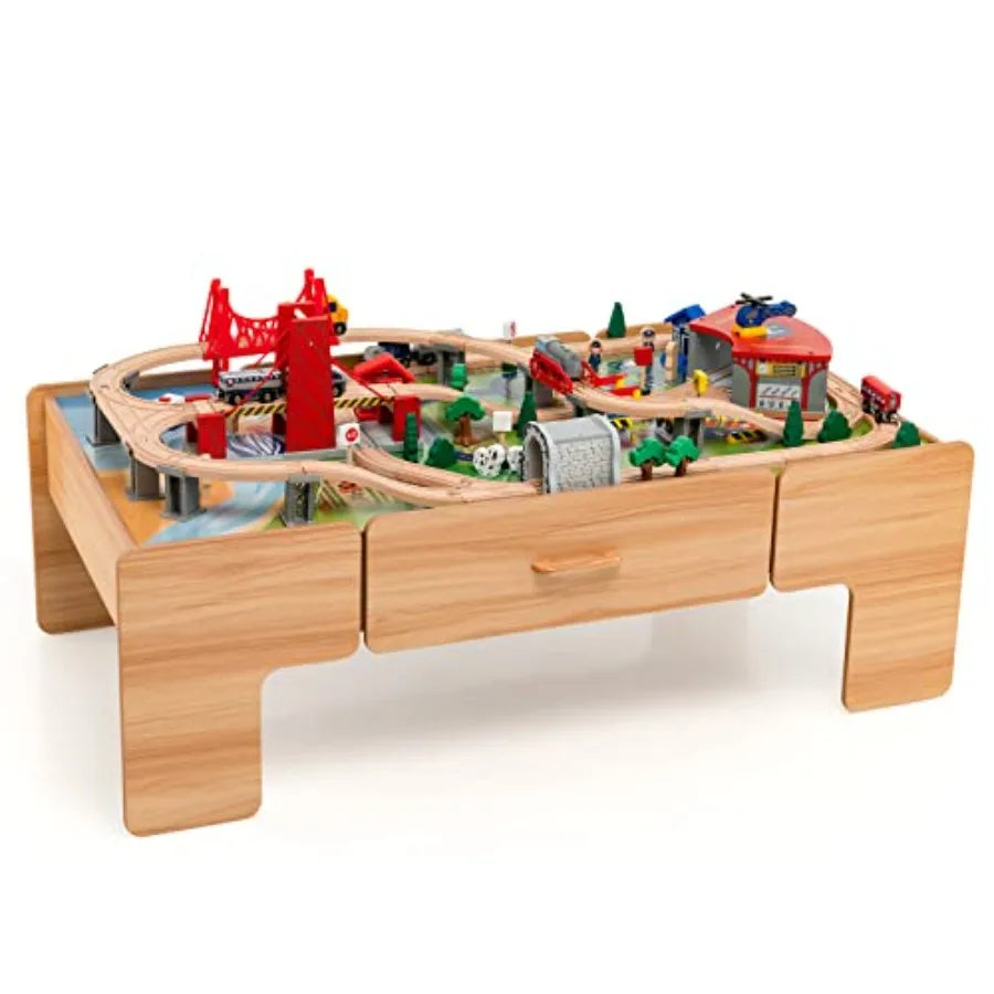 Tavolo da Gioco per Bambini 3-5 Anni: Tavolo Attività in Legno con Cassetto Portaoggetti, Binari, Treni, Auto, Piano Reversibile in Legno Naturale