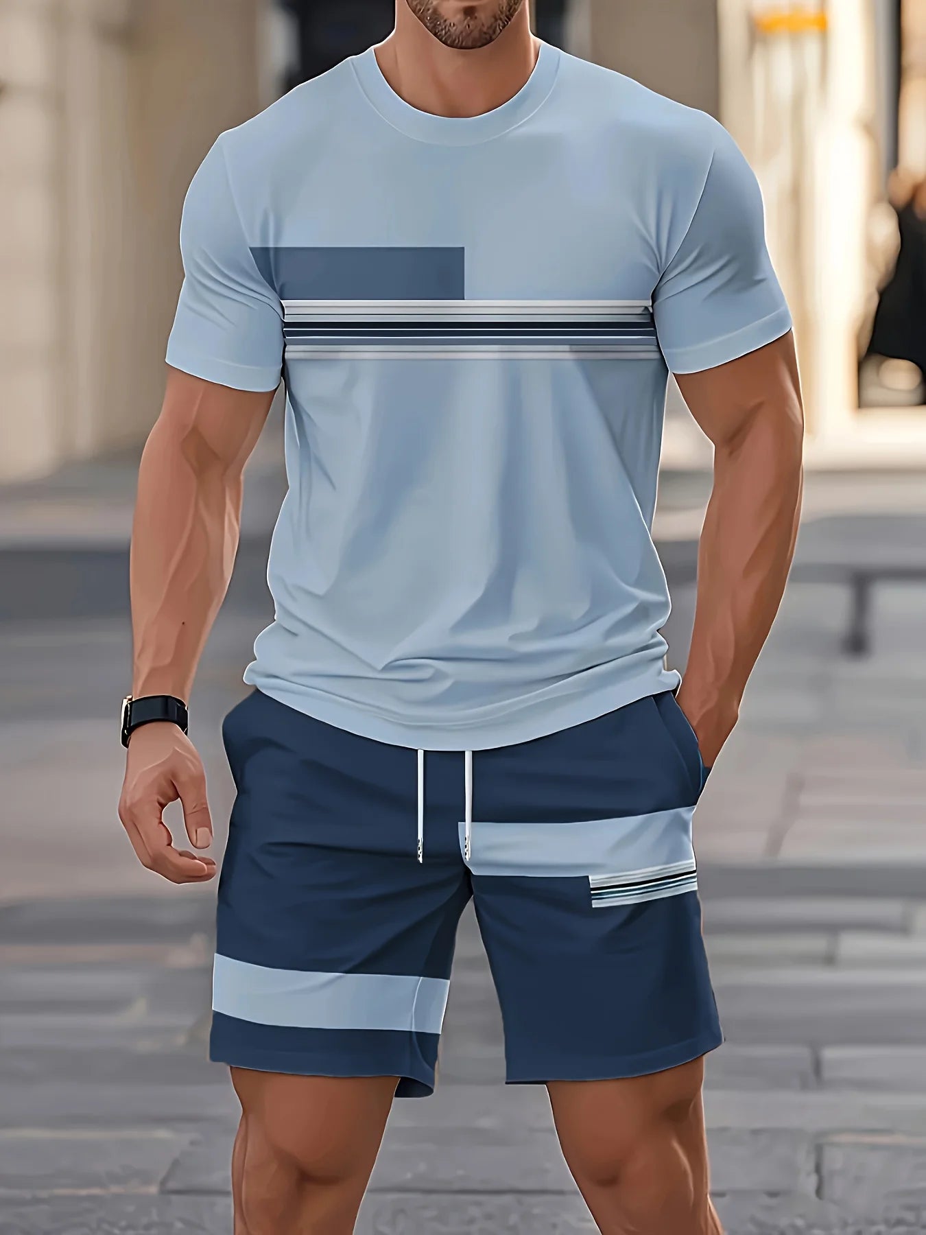 Nuovo arrivo estivo, completo casual da uomo in due pezzi, camicia a maniche corte con stampa a righe e pantaloncini sportivi, set fitness da uomo