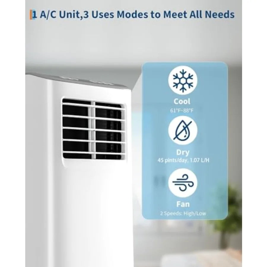 Condizionatore d'aria portatile 3 in 1 per uso domestico, corpo in plastica ABS, bianco, raffreddamento da 8.000 BTU con ventilatore deumidificatore, modalità sleep, 24