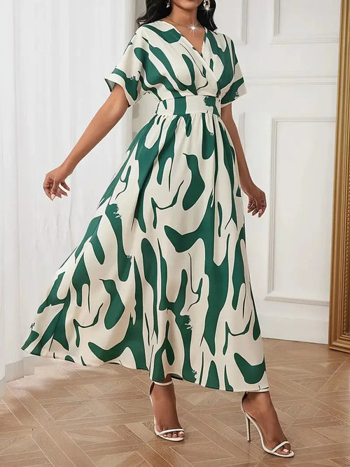 Abito longuette con scollo a V con stampa astratta verde bianco da donna Manica corta Vita alta A-Line Abiti maxi da festa casual estivi fluidi