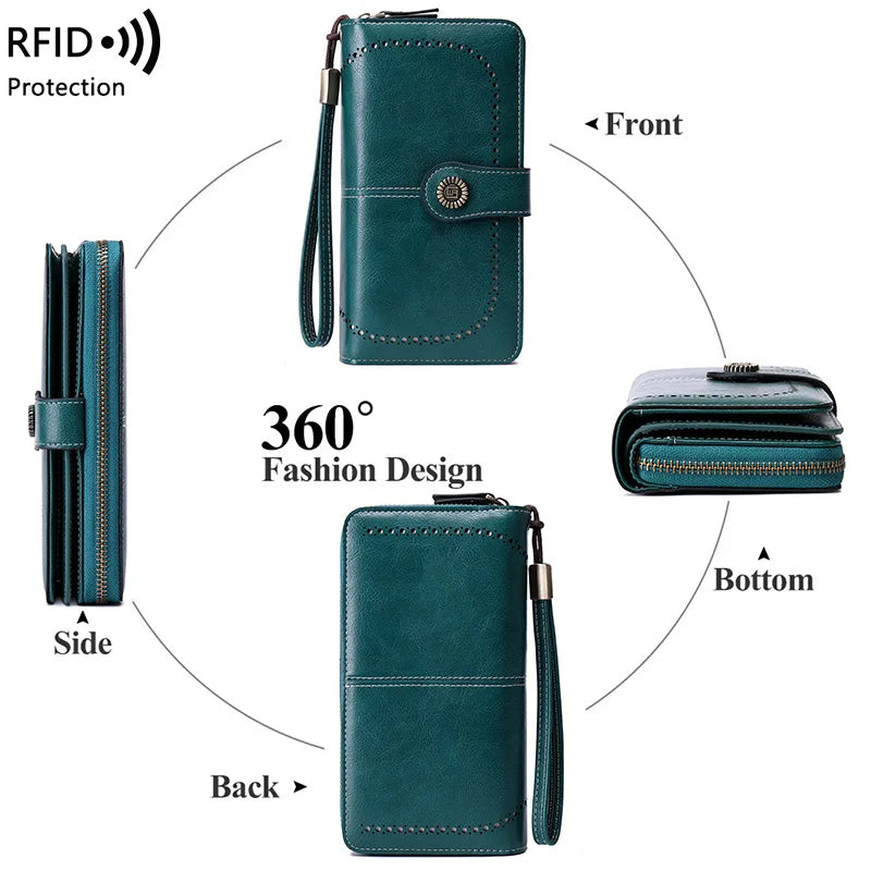 Borsa a mano in pelle cerata con blocco RFID, porta carte di credito multifunzionale a doppia piega, portafoglio da donna lungo retrò di grande capacità