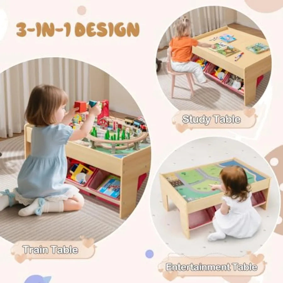 Tavolo da Gioco 3-in-1 in Legno con 3 Contenitori, Pista Reversibile da 94 Pezzi e Mappa per Costruire e Giocare