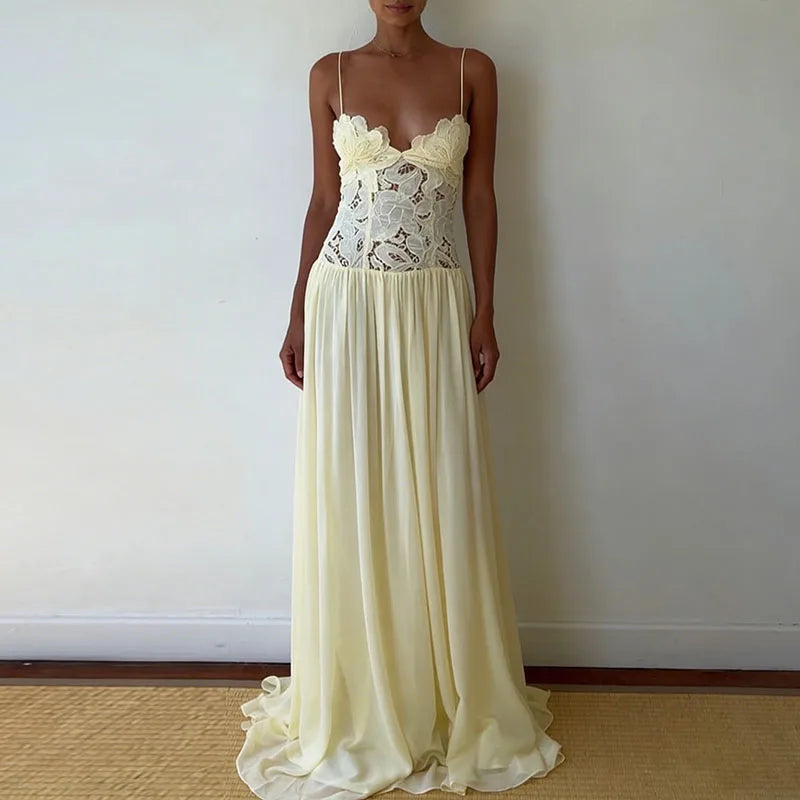 Abito Lungo Estivo Casual in Chiffon con Bretelle, Scollo a V Profondo, Senza Maniche, con Inserti in Pizzo, per Spiaggia e Feste, Primavera Estate