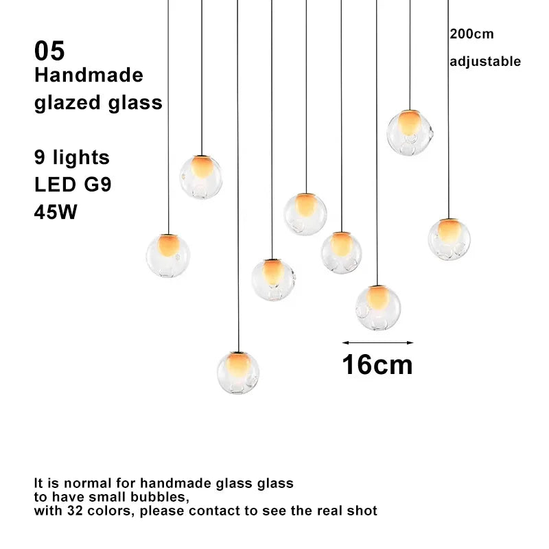 Modern LED home interior lighting ceiling chandelier, coloured glass lustre, dimmable, suitable for living room and staircase