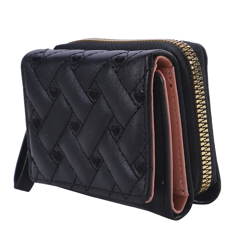 Portafoglio da donna per pelle PU moda ricamato amore tri-fold piccolo portafoglio porta carte portamonete multi-slot per carte interno rosa