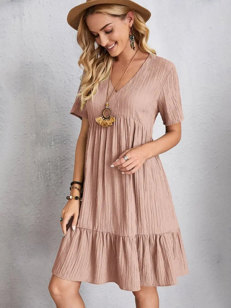 Elegante solido scollo A V A Line Dress 2024 nuova estate Ruffles allentato Mini abito Casual manica corta Beach Party Vestidos Streetwear